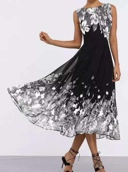 

Regular Fit Vacation Floral Dresses, Black, Midi Dresses