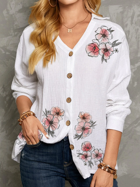 

Women's Floral Cotton Button Long Sleeve Lapel Loose Shirt Floral V Neck Vintage Off Shoulder Shirts & Tops, White, Blouses & Shirts