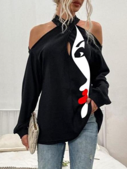 

Face abstract print halterneck casual top, Black, Long sleeve tops