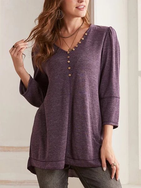 

Solid Casual V Neck Shirts & Tops, Purple red, Long sleeve tops