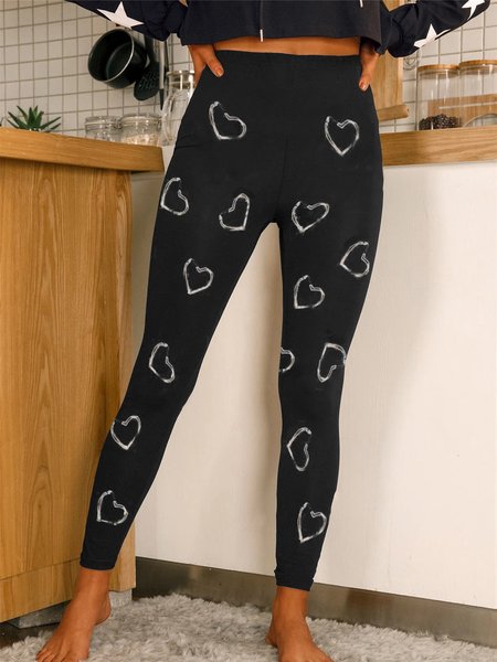 

Love Heart Pattern Plus Size Casual Pants, Black, Leggings