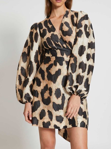 

Leopard Long sleeve Cross Front Elegant Dress, Mini Dresses