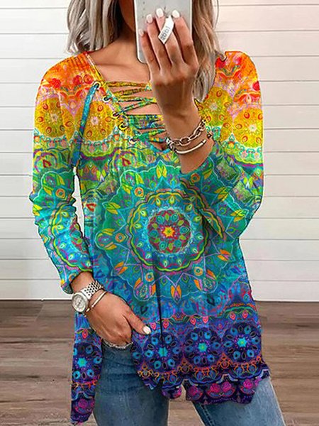 

Abstract V Neck Lace-Up Loosen Boho Tunic Top Shirts & Tops, Flower, T-Shirts