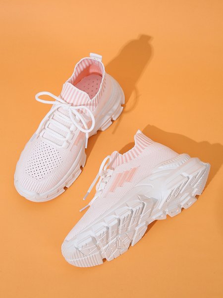 

Soft And Comfortable Contrast Lace Up Knitted Fabric Chunky Sneakers, White, Athletic & Casual Shoes