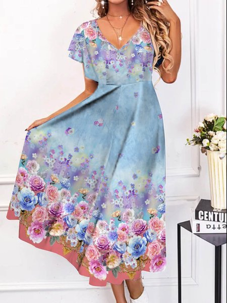 

Short sleeve cover sleeve V-neck geometric flower gradient fit waist closing X-type a-swing holiday romantic dress Plus Size, Blue, Floral Dresses