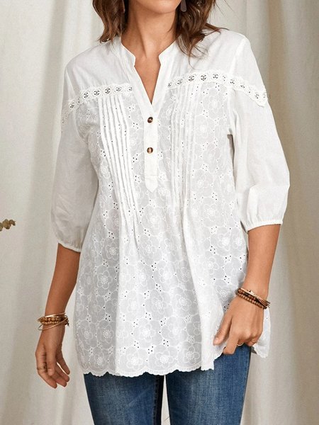 

V Neck Cotton Plain Shirts & Tops, White, Blouses & Shirts
