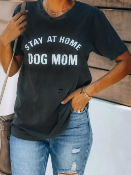 

Gray DOG MOM Print Distressed Tee Vintage Letter T-shirt, Deep gray, Tees & T-shirts
