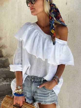 

Plain Linen Off The Shoulder Shirts & Tops, White, Long sleeve tops