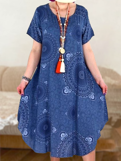 

Women's A Line Dress Knee Length Dress Blue Short Sleeve Floral Geometric Print Spring Summer Round Neck Stylish Casual Modern Loosen Tribal Dresses, Casual Dresses