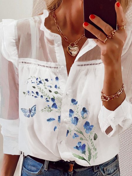 

Crew Neck Loosen Casual Shirts & Tops, White, Blouses & Shirts