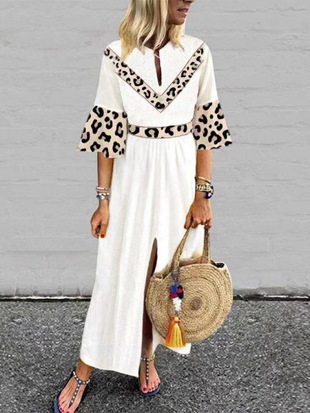 

Casual Notched Leopard Loosen A-line Dresses, White, Maxi Dresses