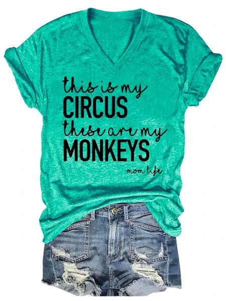 

Circus Text Print V Neck Short Sleeve T-shirt, Green, T-shirts