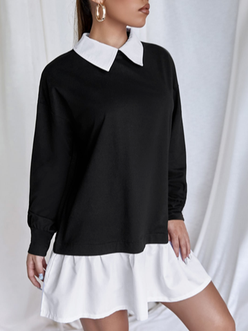 

Cotton Blends Plain Shirt Collar Shirts & Tops, Black, Long sleeve tops