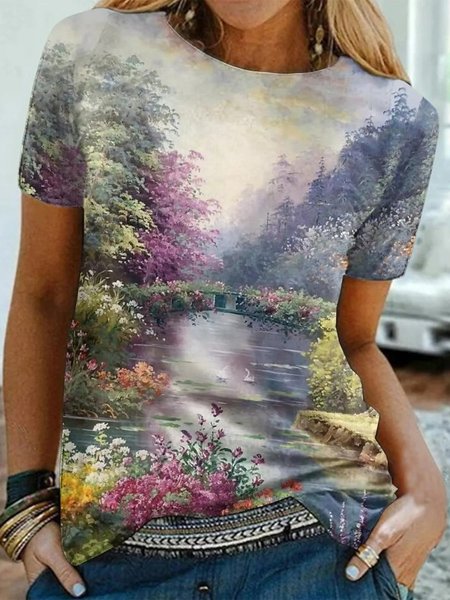 

Crew Neck Vacation Floral Shirts & Tops, Multicolor, T-Shirts