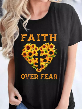 

Casual Sunflower Letter Crew Neck Shirts & Tops, Deep gray, T-Shirts