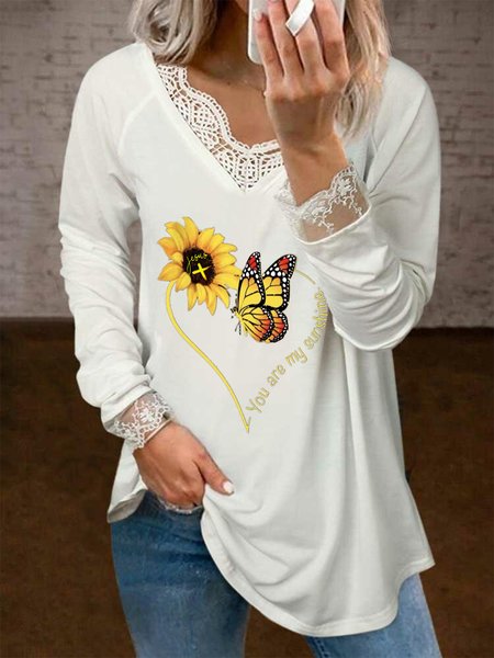 

Sunflower Letters Pattern Lace Long Sleeves V Neck Plus Size Casual Tops, White, T-Shirts