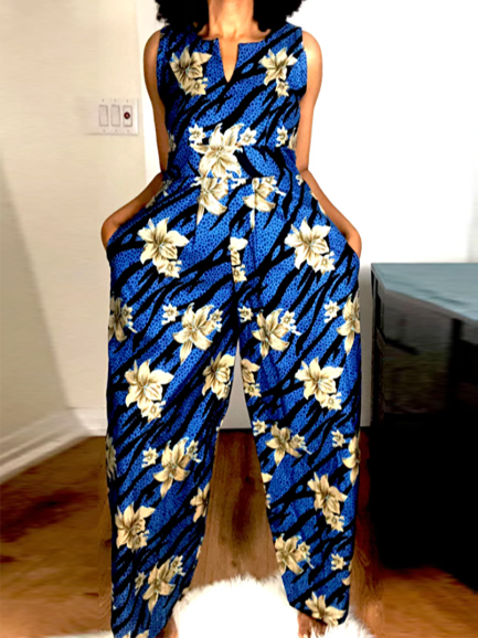 

Jumpsuit African Print Leopard Floral Polka Dots Leopard Notched One-Pieces, Blue, Jumpsuits＆Rompers