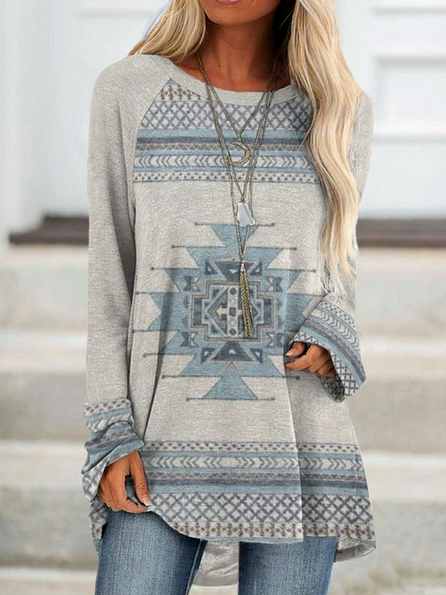 

Cotton Blends Casual Geometric Shirts & Tops, Gray, Long sleeve tops