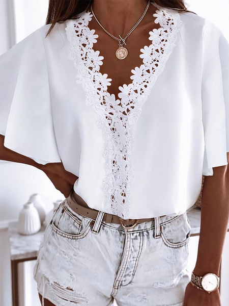 

Plus size V Neck Plain Shirts & Tops, White, Tops