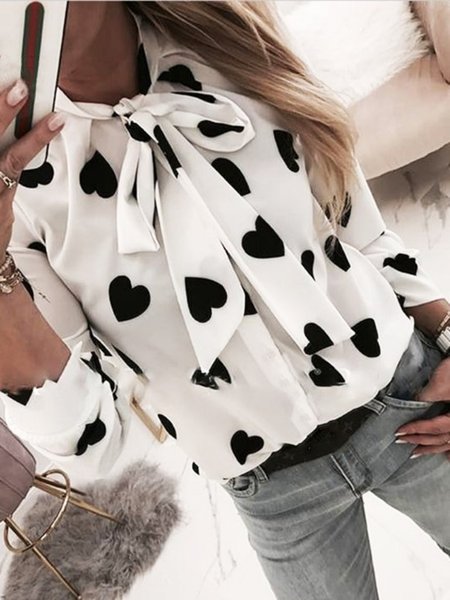 

Hearts Printed Casual Lace-up Long Sleeve Shirts & Tops, White, Tops