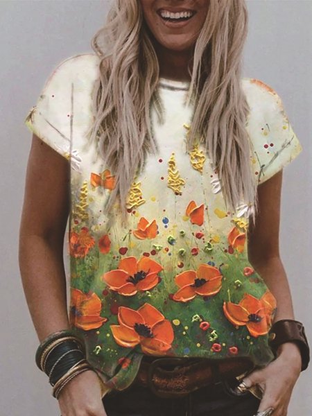 

Floral Casual Crew Neck Short Sleeves Plus Size Spring T-shirt Short Sleeve T-shirt, As picture, T-Shirts