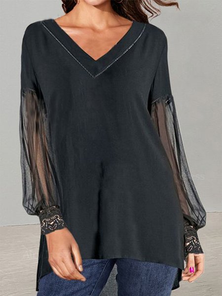 

V Neck Elegant Bishop Sleeve Plain Shirts & Tops, Black, Long sleeve tops