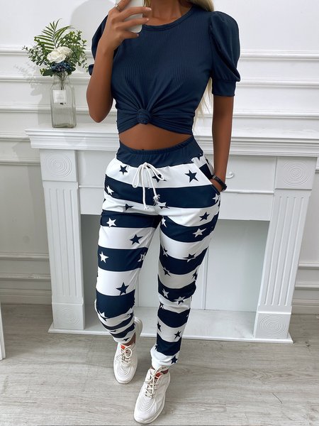 

Sexy Star Crew Neck Short Sleeve Suits, Blue, Two-piece Outfits