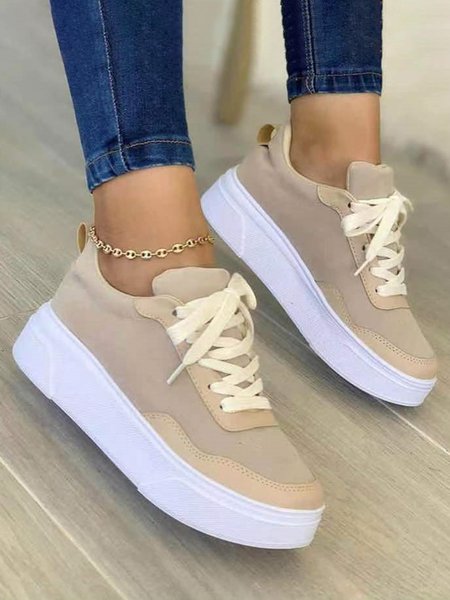 

Simple Stitching Platform Lace-up Sports Casual Shoes, Apricot, Flat & Loafers