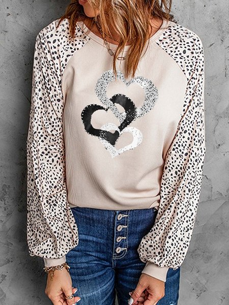 

Casual Heart Print Round Neck Long Sleeve T-Shirts & Tops, Apricot, Long sleeve tops