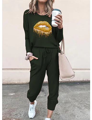 

Loosen Crew Neck Color Block Suits, Black, Suit Set