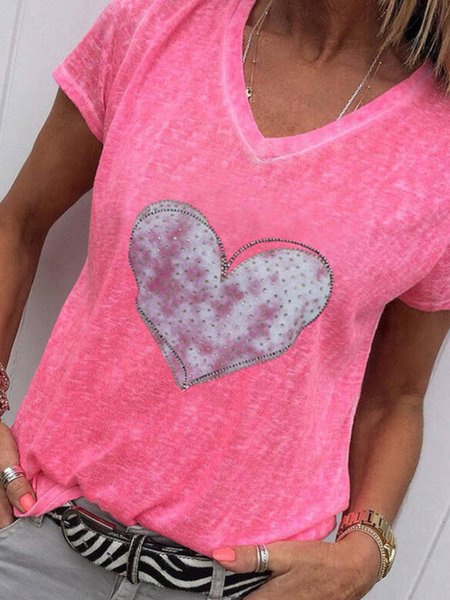 

V Neck Casual Short Sleeve Shirts & Tops, Pink, T-Shirts