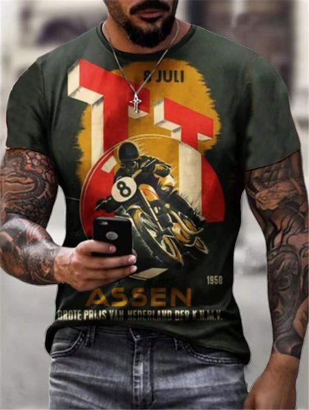 

Casual round neck street motorcycle print top T-shirt, As picture, T-shirt