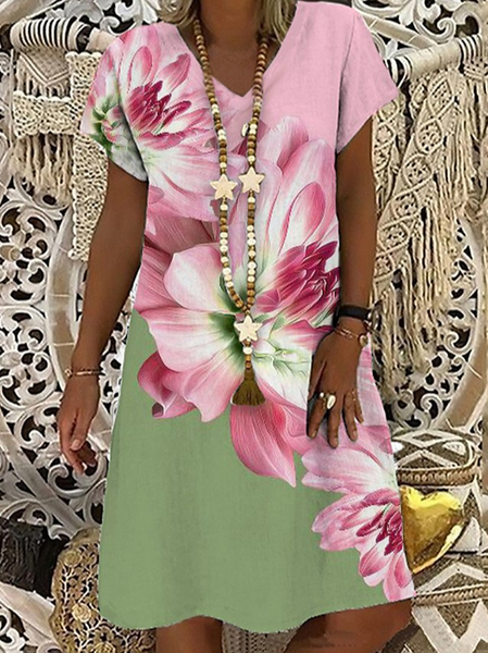 

Floral Loosen V Neck Dresses, Pink, Floral Dresses
