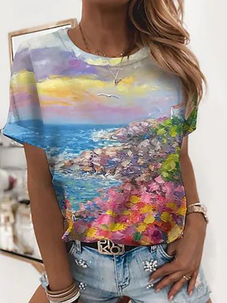 

Vacation round neck short-sleeved straight-fit color seascape floral short-sleeved T-shirt, Multicolor, T-Shirts