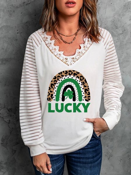 

Casual Long Sleeve V Neck Plus Size Printed Tops T-shirts, Beige, T-Shirts