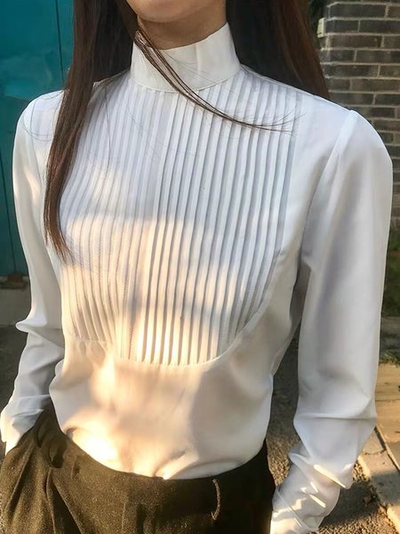 

Elegant Regular Fit Stand Collar Long Sleeve Top, White, Blouses and Shirts