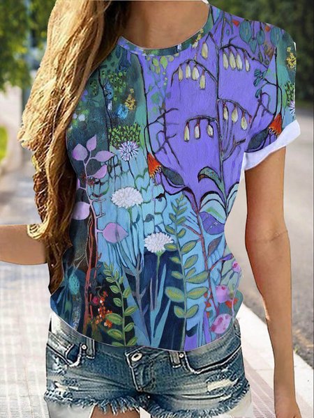 

Short sleeve crew neck geometric flower romantic print fit Stretch Top T-shirt Plus Size, Purple, T-Shirts