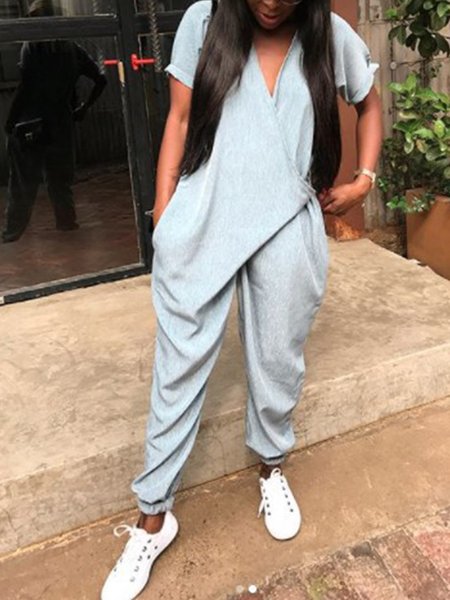 

Fashion Women's Loose V-Neck Jumpsuit, Gray, Jumpsuits＆Rompers