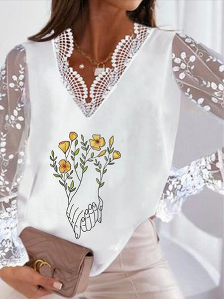 

Floral V Neck Casual Loosen Shirts & Tops, White, Long sleeve tops