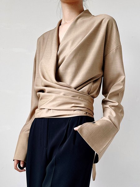 

Plain Simple Cross Front Long Sleeve Top, Tan, Blouses and Shirts
