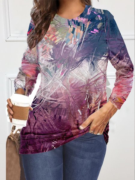 

Vacation leisure round neck long-sleeved straight color abstract floral hoodless sweater, Multicolor, Long sleeve tops