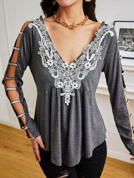 

V Neck Regular Fit Casual Shirts & Tops, Gray, Long sleeve tops