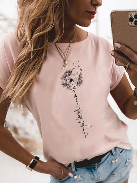 

Letter Casual Round Neck Shirts & Tops, Pink, T-Shirts