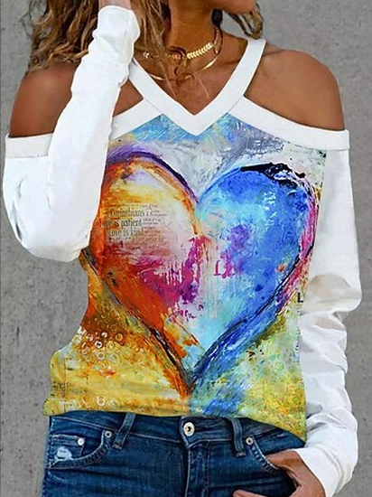 Geometric V Neck Cotton Blends Shirts & Tops, White, Long sleeve tops