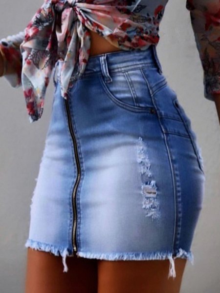 

Gradient ripped sexy slim fit zipper ripped denim skirt, Sky blue, Skirts