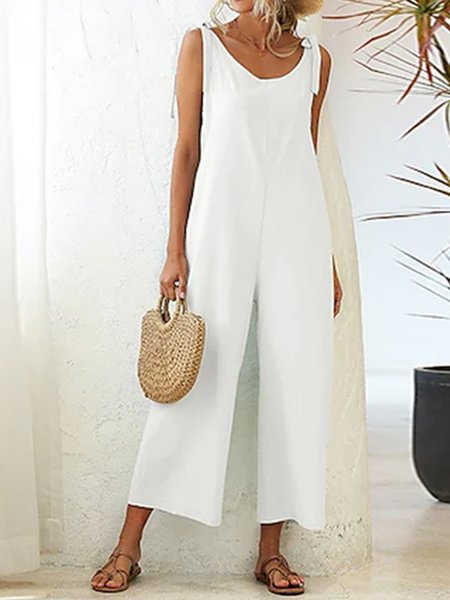 

Crew Neck Simple Linen One-Pieces, White, Jumpsuits＆Rompers