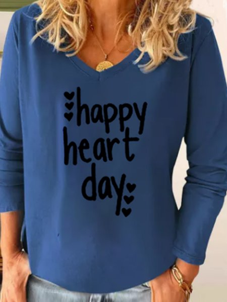 

V Neck Cotton Blends Casual Loosen Letter Shirts & Tops, Blue, T-Shirts