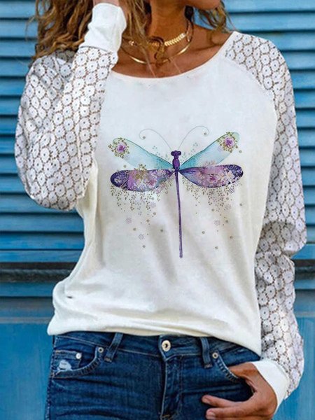 

Casual Cotton Blends Butterfly Long Sleeve T-shirt, White, T-Shirts