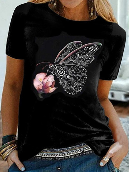 

Butterfly Print Casual Crewneck Shirts and Tops, Black, T-Shirts