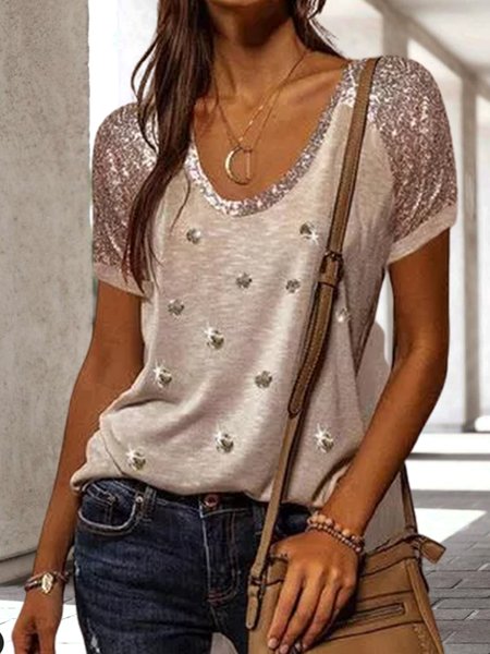 

Loosen Polka Dots V Neck Short sleeve tops, Khaki, T-Shirts